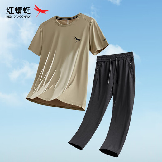 红蜻蜓;RED DRAGONFLY红蜻蜓休闲套装男夏季冰丝短袖搭配休闲裤中年爸爸运动健身两件套 HQTLJ9905YH+CY2501白色+黑色 M