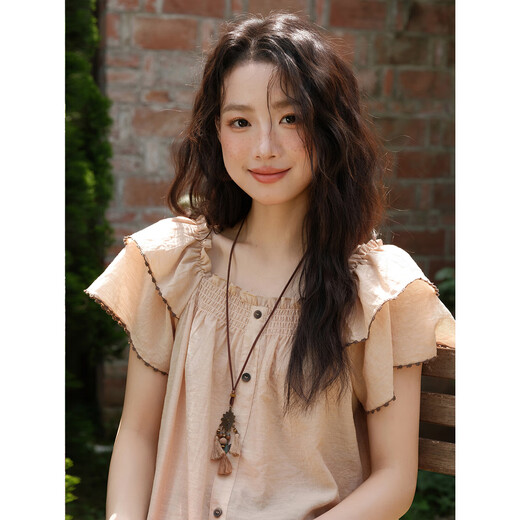 
Mystery Korean black ear plaid shirt for women 2025 summer new Korean version summer lotus leaf sleeve loose top for women honey orange top S