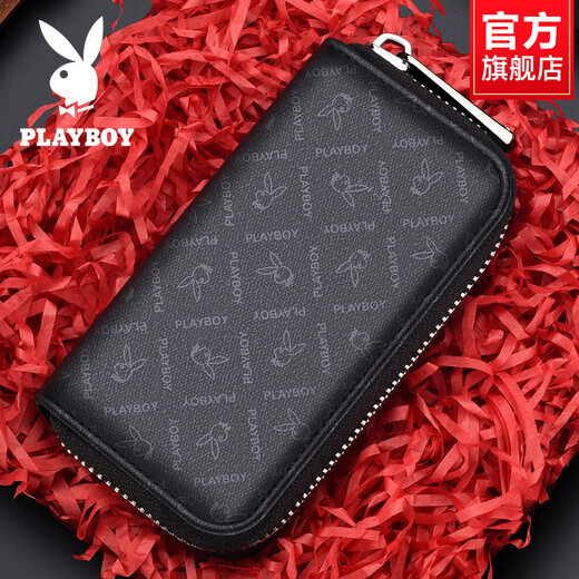 花花公子（PLAYBOY）钥匙包男士钥匙收纳包大容量多功能保护套腰挂拉链锁匙包 黑色【PAG0501-9B】_【牛皮】