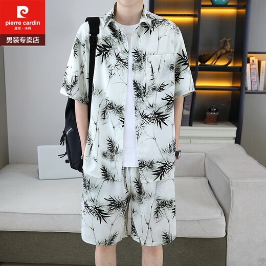 皮尔卡丹（pierre cardin）痞帅衬衣一套男夏季冰丝套装高级感花衬衫短袖短裤沙滩两件套搭配 679白色套装 L 110-125斤