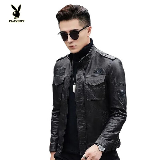 花花公子（PLAYBOY）2025秋冬新款真皮质感皮衣男机车短款修身韩版立领皮夹克休闲外套 黑色- 加绒 L 170码-115-125斤