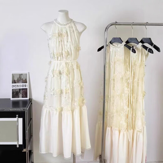 Tina Misu 2025 summer A-line version princess sleeveless suspender skirt vacation style spliced ​​long dress 9901# beige white, single size