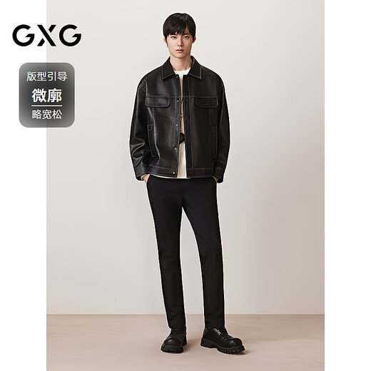 GXG Men's Simple Topline Design PU Leather Jacket Men's Retro Casual Jacket Trendy Jacket Autumn Black L