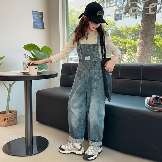 Pushui Fangfang Girls Denim Overalls Set Girls Casual Reißverschluss Hoodie Mode mittelgroße und große Kinder Pit Strip Hoodie 130 Empfohlene Höhe 115-125 cm