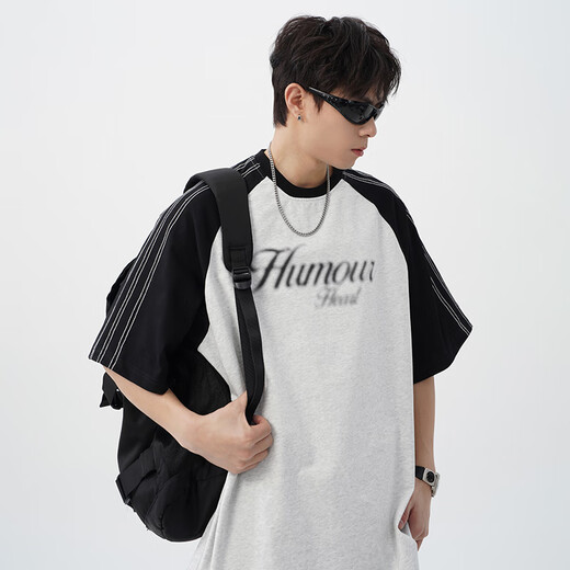 Dingfengbaoluo American T-shirt Men's Men's Summer Loose Contrast Couleur Couleur décontractée Hl74 White Grey M