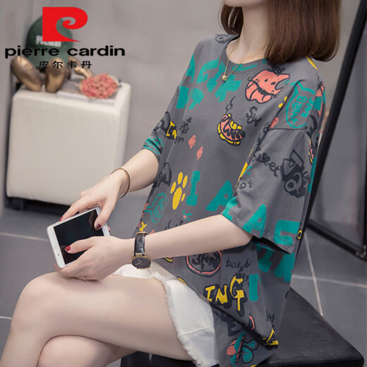 皮尔卡丹（pierre cardin）加大尺码胖m妹夏装新款纯棉短袖t恤女韩版胖妹妹百搭显瘦遮肚子上 9928灰色今年流行的轻奢品牌 M 80-95斤