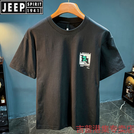 JEEP SPIRIT高端男士短袖T恤潮流2025年薄款黑色体恤衫夏季新款印花半袖上衣 黑色 【ZJ1098】 M 适合95-110斤穿