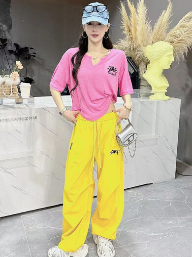 NRDCZ配工装裤的上衣女2025夏季新款曳步舞运动套装短袖T恤广场舞队服 3878粉裤 S 80-100斤