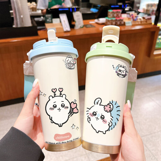 乌萨奇水杯保温杯乌萨奇保温杯学生女款带吸管大容量车载水杯 BXAB10975吉伊咔哇 520ML配挂绳白色彩绘打印