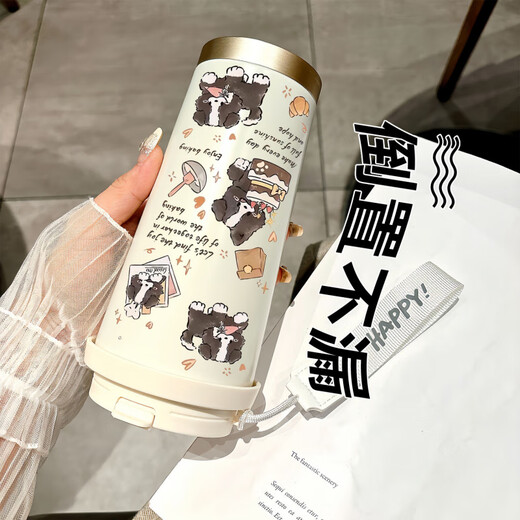 Juechu German imported quality Happy puppy thermos stainless steel student special coffee cup for hand-carrying new men's DX1047 bow ink cat + lanyard ceramic inner liner