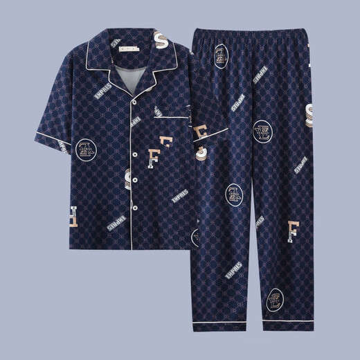 Zipjbx Herren-Pyjama-Herren-Kurzärärmel-Sommer-Dünne Baumwoll-Pyjama-Pyjama-Herren-Feder- und Sommer-Heimkleidung G3884 Blau (kurzärmelig) l [vorgeschlagen 100-120 Jin [Jin gleich 0,5 kg]]