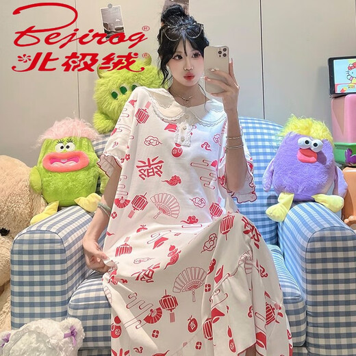 北极绒（Bejirog）夏季新款睡衣女冰丝螺纹睡裙短袖可爱甜美薄款宽松大码家居服套装 7024裙子 L  100-120斤