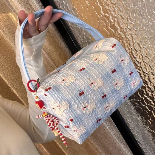 Yunluo 2025 New High-Looking Makeup Storage Bag Large Capacity Portable Washing Storage Three-dimensional Travel Makeup Handbag Blue Pleated Puppy Handbag