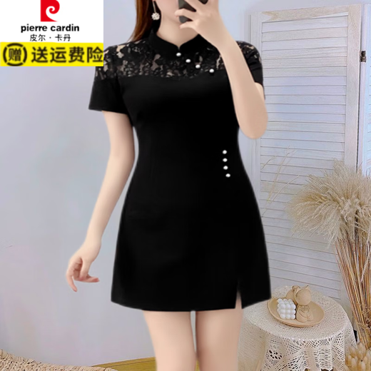 Pierre Cardin plus size summer dress for women slimming belly-covering little black dress for fat mm cheongsam style improved version Chinese style retro slit dress black M recommended 92-103 Jin Jin is equal to 0.5 kg