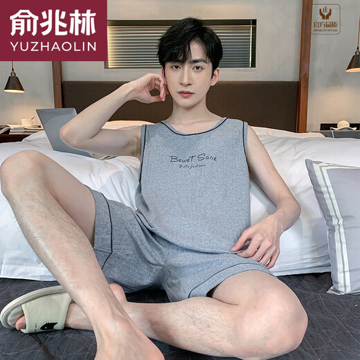俞兆林（YUZHAOLIN）品牌男夏季无袖背心棉质薄款青中年男士短袖加大码简约家居服套装 9922 L 男士(建议100-130斤)