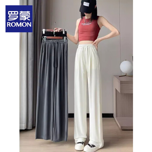罗蒙（ROMON）铜氨丝窄版阔腿裤女夏季薄款高腰垂感小个子冰丝灰色直筒休闲裤子 673#深灰色【长】 常规 S 【建议90斤以下】