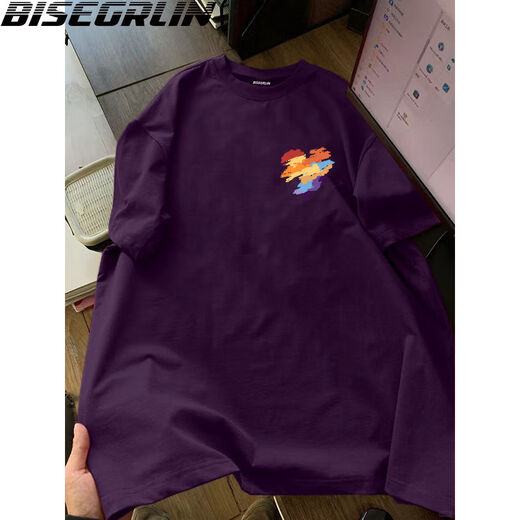 比斯格林BISEGRLIN高级感设计重磅纯棉短袖T恤男国潮印花百搭宽松情侣上衣 葡萄紫-K723前小图 L