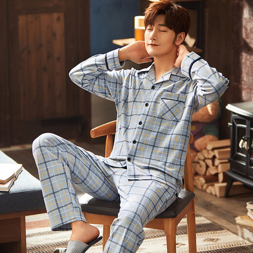 Cat Ren Nian Pajamas Men Summer Summer Spring de manga larga y otoño Estudiante de la solapa para hombres del hogar Juego de solapa de gran tamaño de gran tamaño