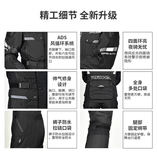 RICHA Lubin motorcycle riding suit warm waterproof and anti-fall motorcycle rally suit for men and women in all seasons, black suit for men, including CE2 level protective gear XL