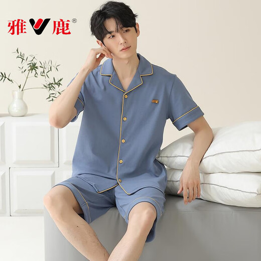 
Yalu pajamas men's 2025 summer pure cotton short sleeve shorts cardigan thin large size solid color casual home clothing set blue green 12801 L [recommended 100-120Jin [Jin equals 0.5 kg] wear]