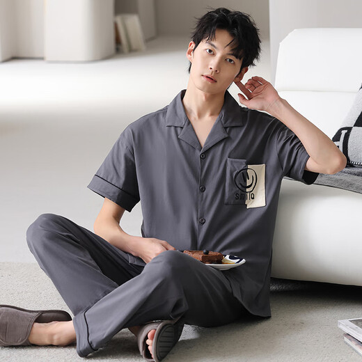 浪莎条纹睡衣男夏季纯棉短袖长裤高级感休闲宽松开衫家居服套装可外穿 848男 L