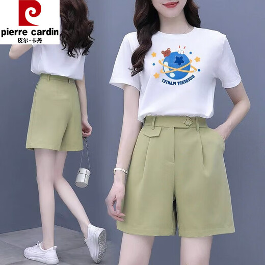 Pier Cardin Sports 2025 paired with fashionable summer short-sleeved fashionable shorts two-piece set for new women's clothing, casual and age-reducing 698# bow [set] M 80-100Jin [Jin equals 0.5 kg]