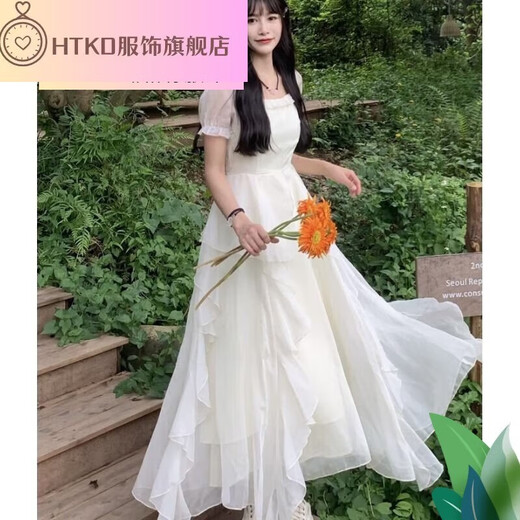 HTKD ESCAPED PRINCESS Vestido 2024 Nuevo diseño de vestido de novia de primavera de manga corta Sentí que la cintura abrazan el primer amor Gentle White Moonlight Off-White Vestido único M 100-110Jin [Jin iguala 0.5 kg]