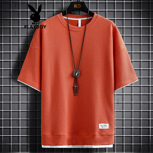 Playboy (PLAYBOY) Men's T-shirt Short Sleeve Summer New Fashion Fake Two-Piece Round Neck Loose Half Sleeve T-shirt Waffle Casual Top 3880 Orange M