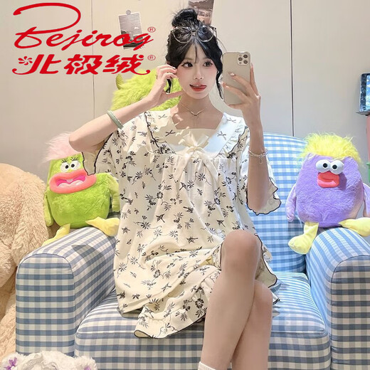 北极绒（Bejirog）夏季新款睡衣女冰丝螺纹睡裙短袖可爱甜美薄款宽松大码家居服套装 7024裙子 L  100-120斤