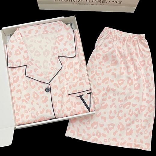 
Yalu pajamas for women in summer 2025 new summer ice silk cool shorts shorts suit leopard print high-end spring and autumn FS_9214# cardigan double short lace pocket M