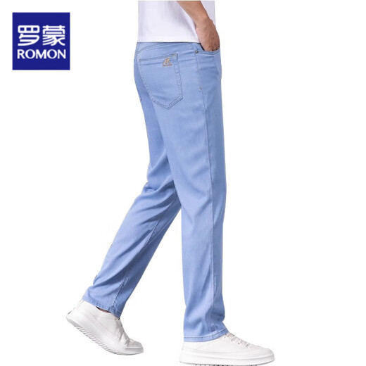 
Romon high-end light blue ice silk jeans men's summer thin tensile straight men's pants new summer pants men's casual light blue 9767 32