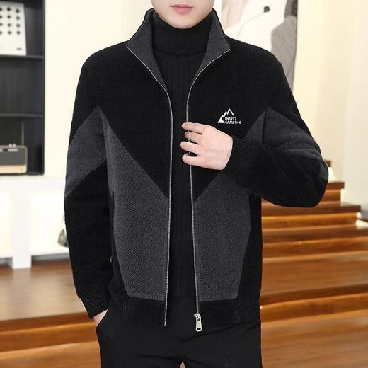 FELALWEN autumn and winter men's coat stand collar short windbreaker jacket high-end woolen coat men's thickened color-blocked woolen coat black gray L 110-130Jin Jin equals 0.5 kg