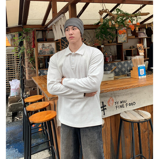 Muwei American heavyweight right shoulder long-sleeved polo shirt for men in autumn new high-end Henry collar versatile and strong casual top light gray XL recommended 130-150Jin Jin equals 0.5 kg