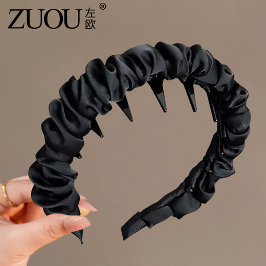 Zuoou wide-brimmed headband with high skull and face-showing small hairpin wrinkled toothed fluffy wide headband black high-end hair bundle for women black wide-brimmed