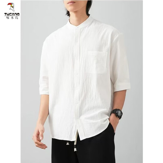 Woodpecker (TUCANO) men's stand-collar white short-sleeved shirt men's Japanese round neck three-quarter sleeve T-shirt Henry collar textured shirt C1020-white-three-quarter sleeve M 60-90Jin Jin equals 0.5 kg