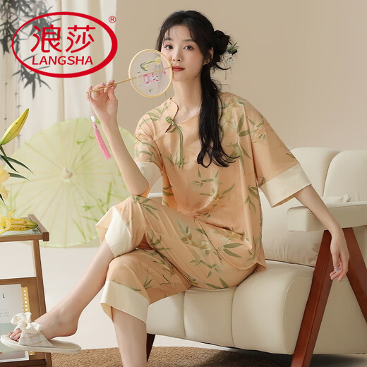 浪莎（LangSha）夏季短袖睡衣套装女士薄款夏天新中式国风七分裤可外穿家居服 YZT-9901(短袖+七分裤) L 女【100-120斤】