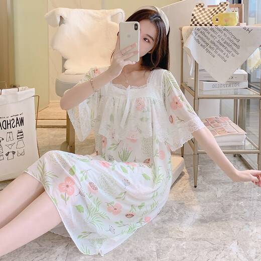 雅鹿花边网纱睡裙女莫代尔夏季2025年新款甜美冰丝睡衣少女短袖家居服 MY_W7371#短袖裙植物小花 M