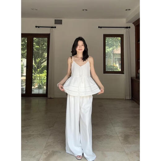 Guo jiujiu, lino tiiansi perezoso con cuello en v eslada superior pantalones de pierna anchas simples G925A07314 SET (Sling + pantalones) 2xl