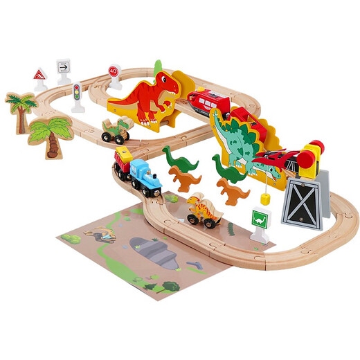 Wooden dinosaur winding mountain track car electric remote control train toy children assembly gift boy 3 Dinosaur volcanic track electric + color box official standard configuration