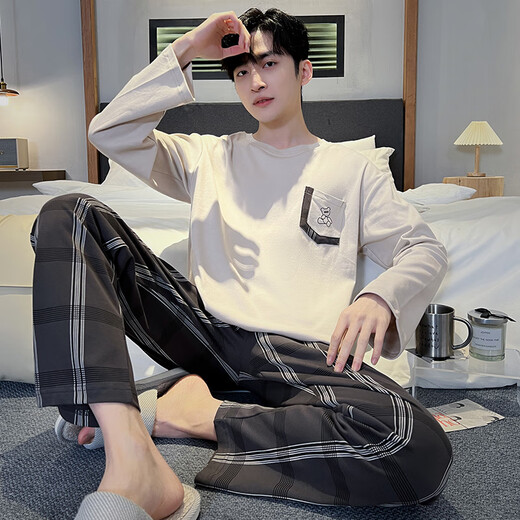 
Langsha pajamas men's spring and autumn long-sleeved suit 2024 new loose large size simple style student casual home clothing 15567 stripes L men (suitable for 100-130 Jin [Jin equals 0.5 kg])