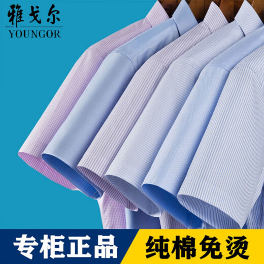 雅戈尔男士短袖衬衫商务休闲职业正装棉免烫纯色白衬衣 DX6626 蓝格子 44