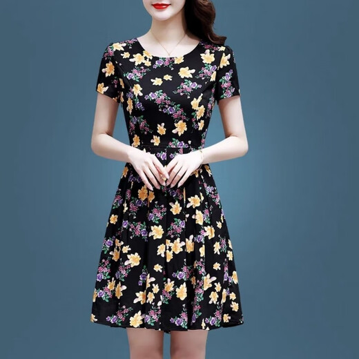 
Ice silk dress summer 2025 new floral skirt temperament 40-50-year-old middle-aged women's short-sleeved printed skirt Ice silk 9904 skirt XL 115-125Jin[Jin equals 0.5 kg]