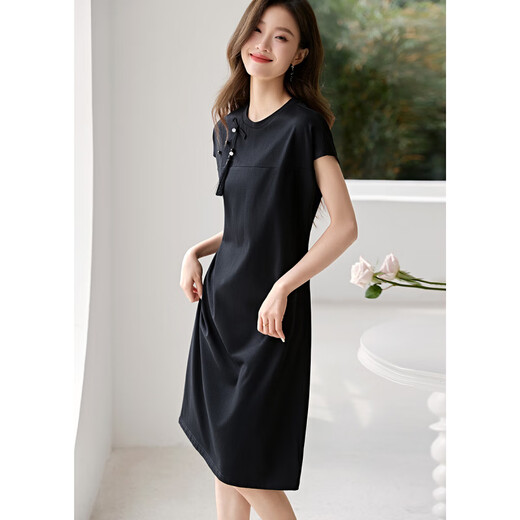 Ehangy International Brand International Women's Light's Luxury High Grain Vestence Summer NUEVO Hebilla sin mangas Color sólido cómodo Slumming Skirt Negro [Caja de regalo de alta gama] M
