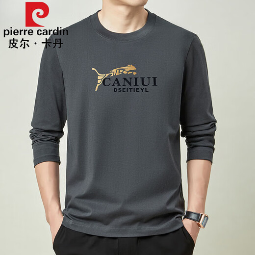 皮尔卡丹（pierre cardin）春秋季男士100%纯棉长袖t恤中年宽松圆领薄款休闲上衣打底T恤衫 【纯棉】子夜蓝JY-6630 XL 175141-155斤