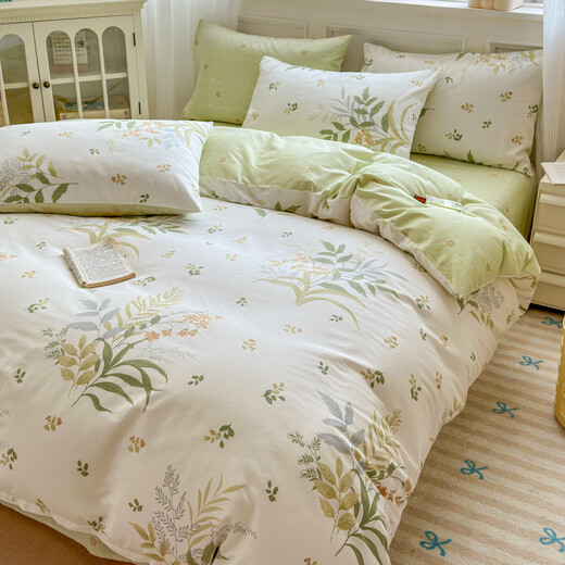 Mercury series small fresh 80 count pure cotton bed four-piece set 100% cotton bedding floral quilt cover dormitory bed sheet three-piece fitted sheet style dense leaf fitted sheet style 1.8m four-piece set