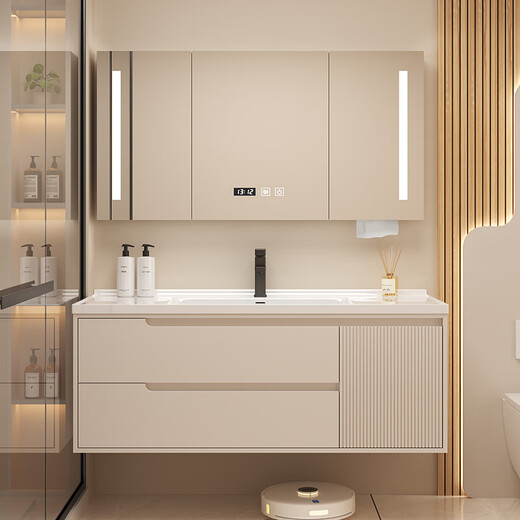 Submarino Camineta de baño de madera maciza cremosa Combinación Cerámica Integrada Integrada Baño Washbasin Washbasin Combination Washbasin 7036 Camino de crema Se puede comprar e instalar estilo de cuadrícula de gabinete inferior