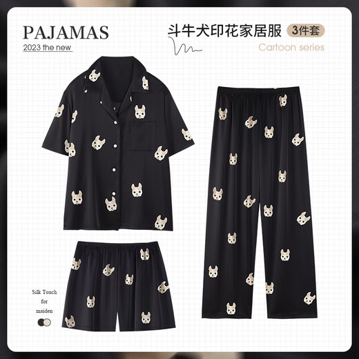 韩姿朵（Hanziduo）白鹿同款睡衣女三件套夏薄款黑色短袖长裤春秋家居服 Z3899熊猫三件套冰丝款 M