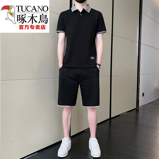 Woodpecker (Tucano) Freizeitanzug Herren Sommer kurzärmelig T-Shirt Polo-Hemd Shorts Ice Silk Trendy Marke Baumwolle hübsche vielseitige Kleidung schwarz 9863 (ein Set) 2xl