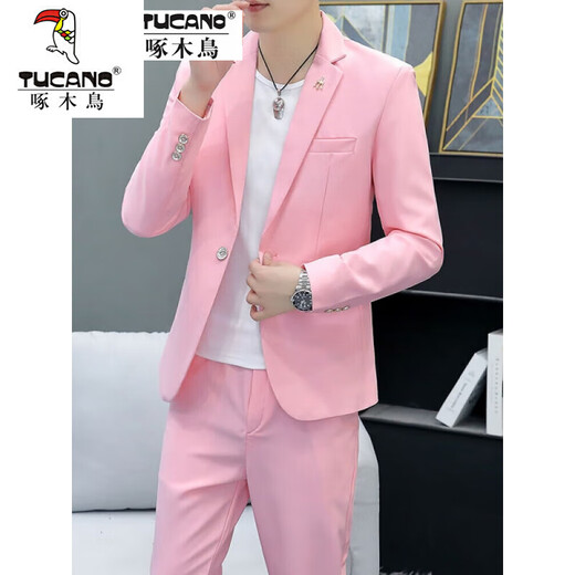 Woodpecker Korean style casual spring and autumn suit men's slim business formal two-piece suit young handsome British suit 1916 white (suit + pants) two-piece set M