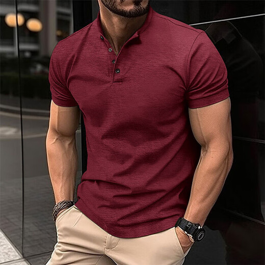 Zailu tough guy style t-shirt men's slim fit muscular fitness henley shirt summer short-sleeved men's business commuting top black L L100-120Jin Jin equals 0.5 kg
